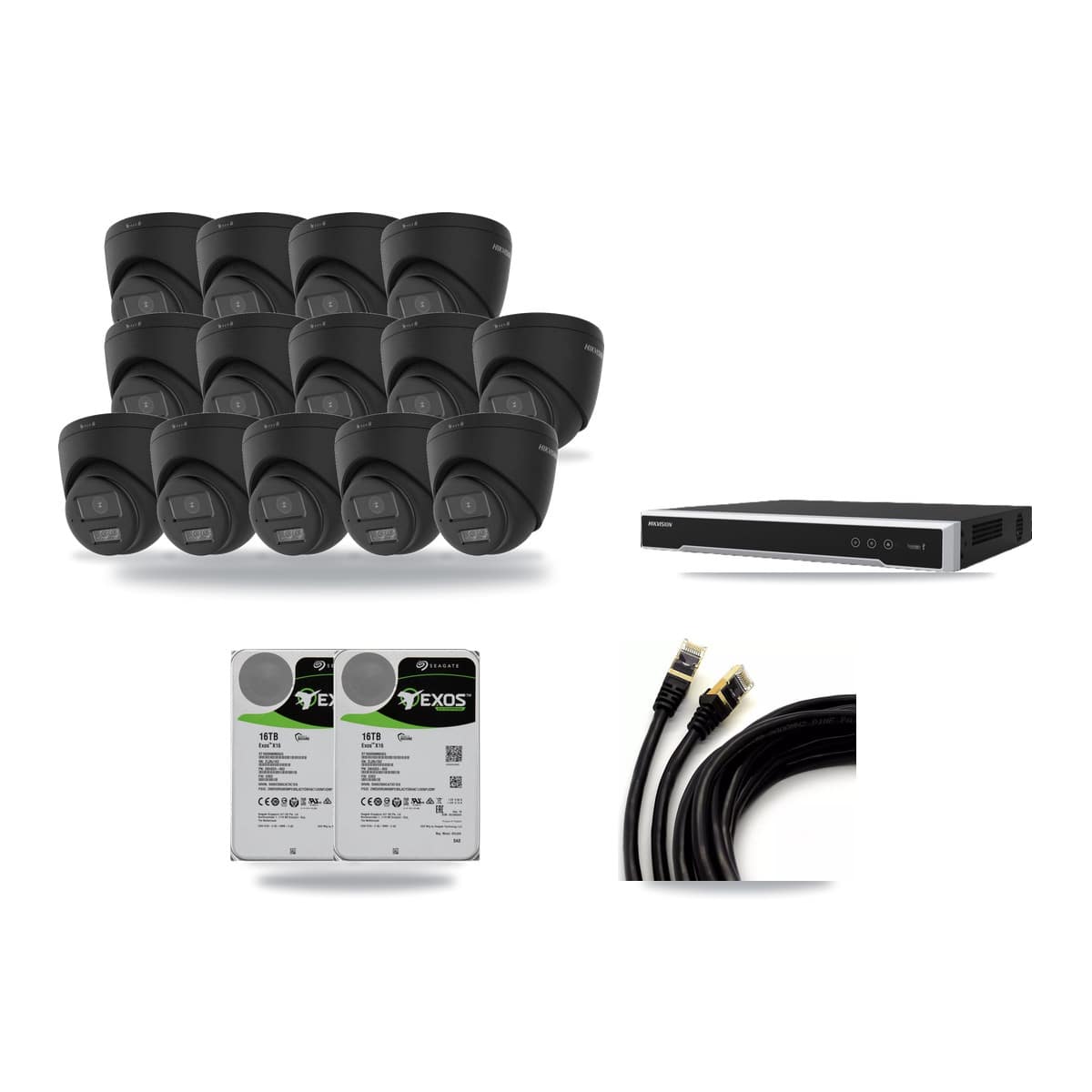 Hikvision 16-channel CCTV kit: 15 cameras (14× 4K Turret + 1× 5MP Dome), 2× 16TB hard drive