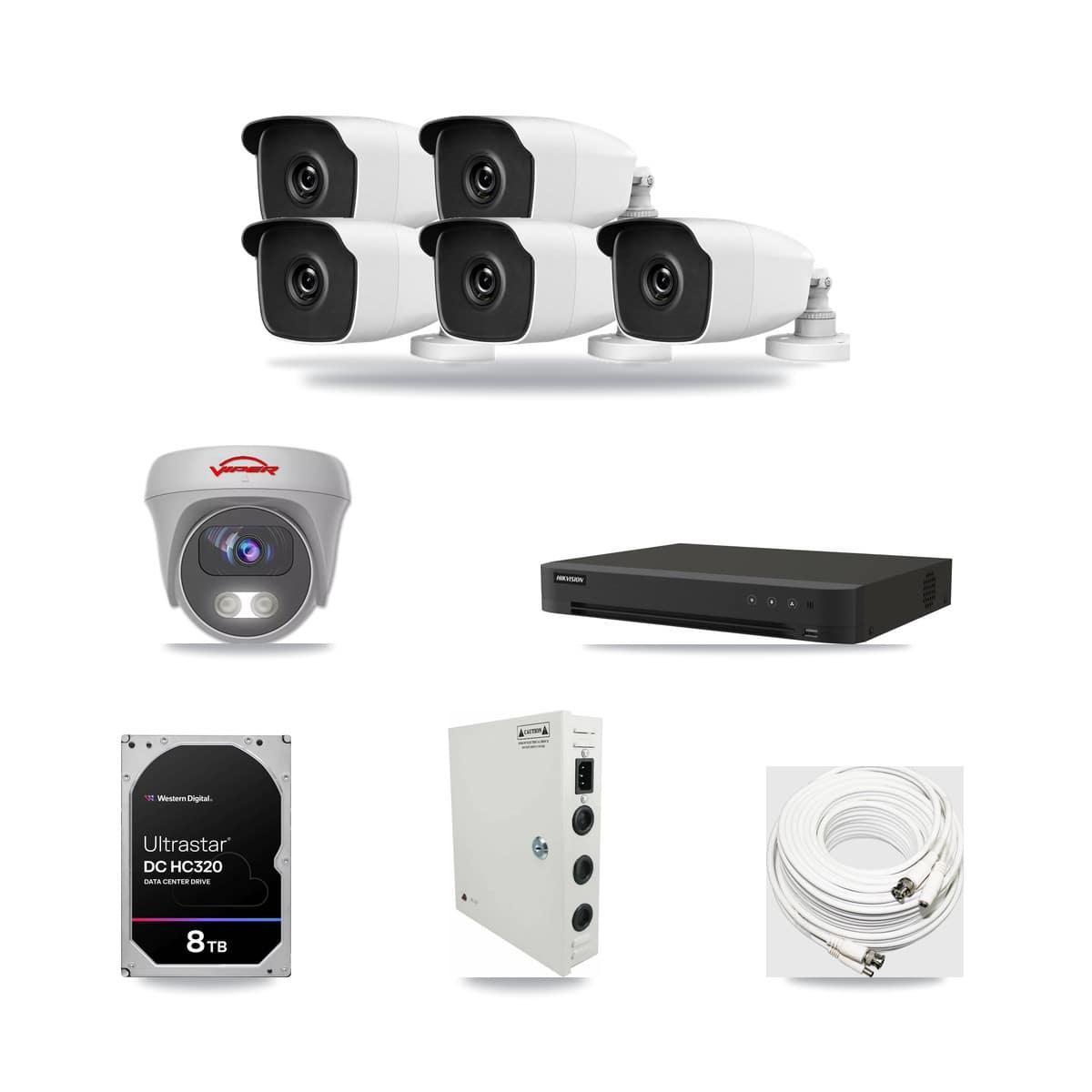 8-Channel 3MP – 5MP CCTV Kit — 5 THC-B230-R 3MP Bullet + 1 White VIPER-5MP-3K-AOC-WHITE-2.8MM 5MP Cameras + 8TB Recording (IDS-7208HUHI-M1/XT Recorder) - Image 1