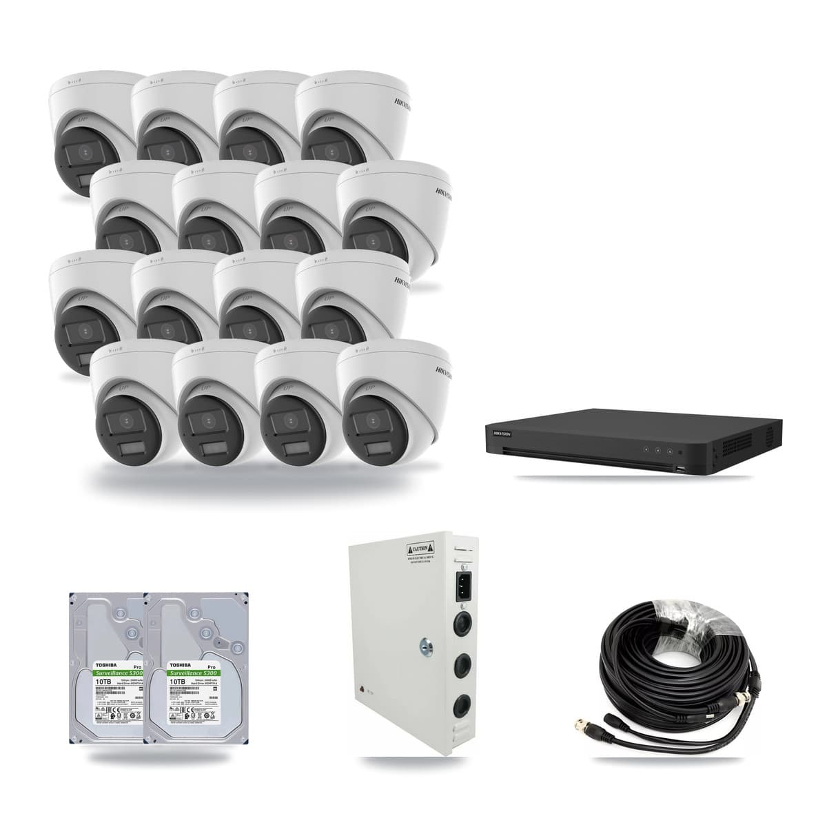 Hikvision 16-channel CCTV kit: 16 cameras (16× 5MP Turret), 2× 10TB hard drive