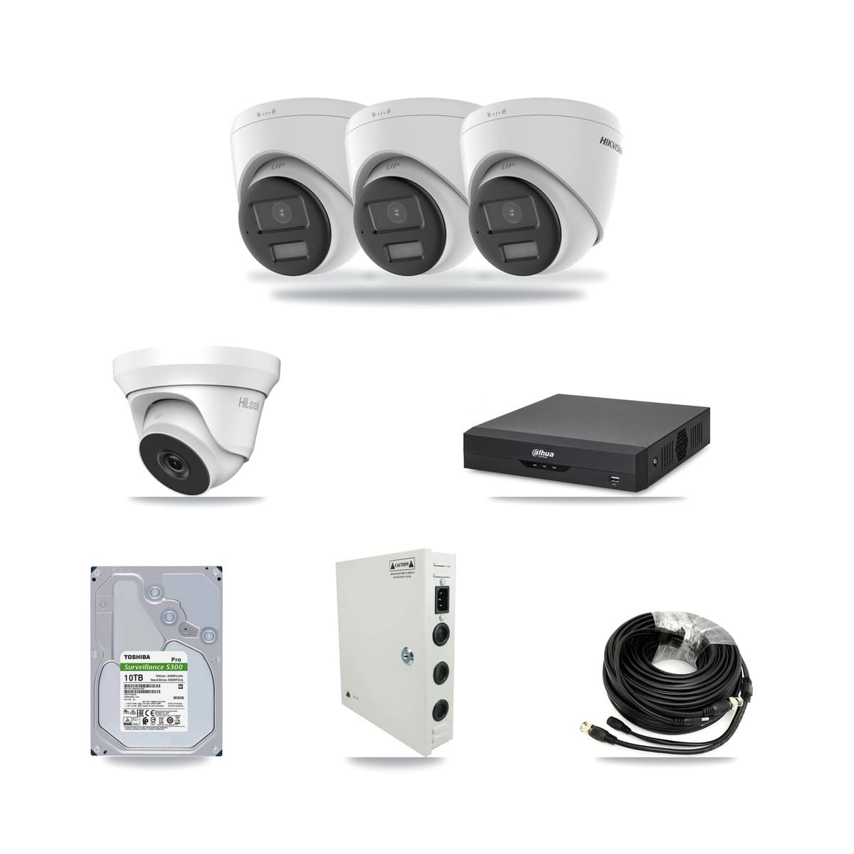 4-Channel 4MP – 4K CCTV Kit — 3 4K + 1 4MP Turret Cameras + 10TB Recording (DH-XVR5104HS Recorder) - Image 1