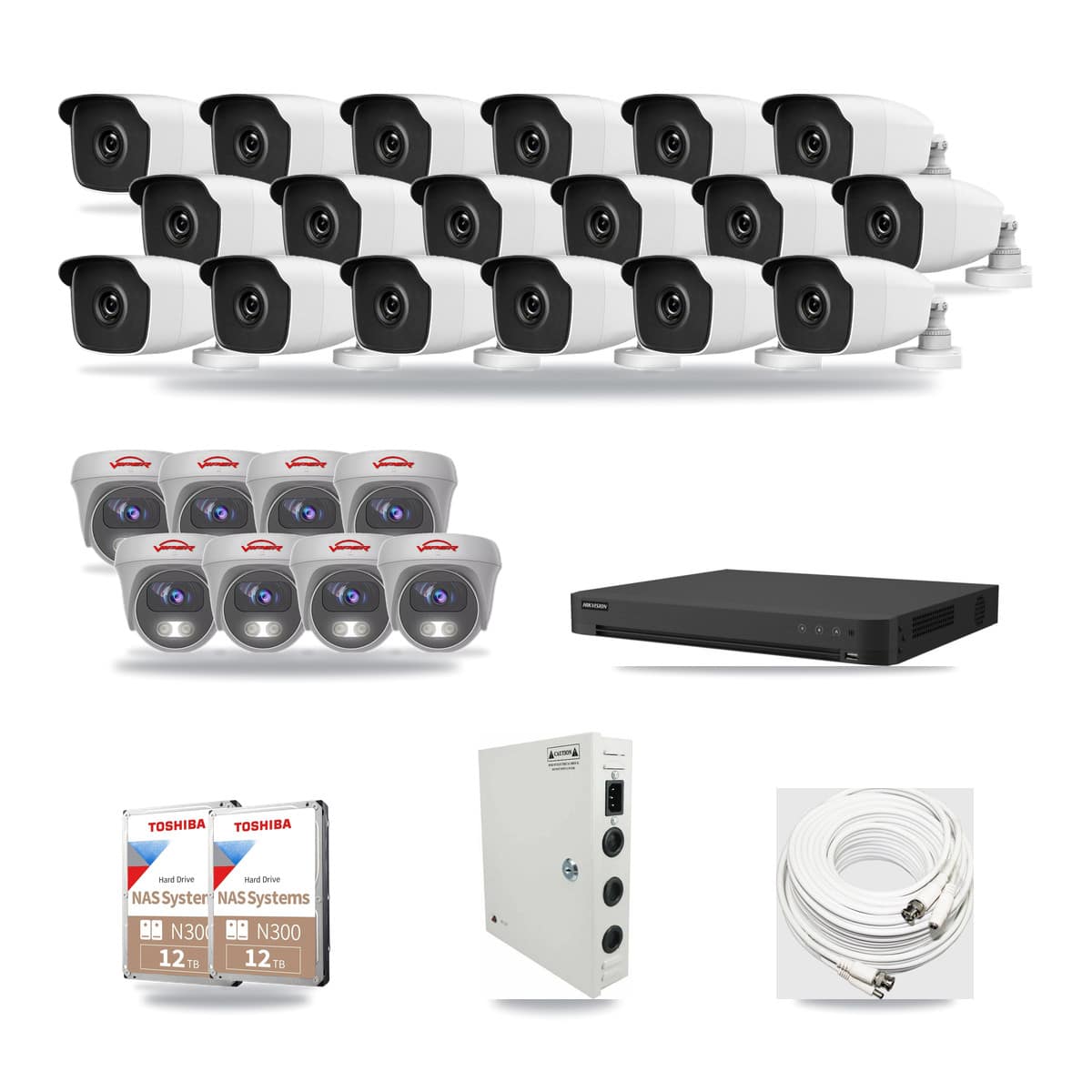 32-Channel 3MP – 5MP CCTV Kit — 18 3MP Bullet + 8 5MP Cameras + 2× 12TB Recording - Image 1