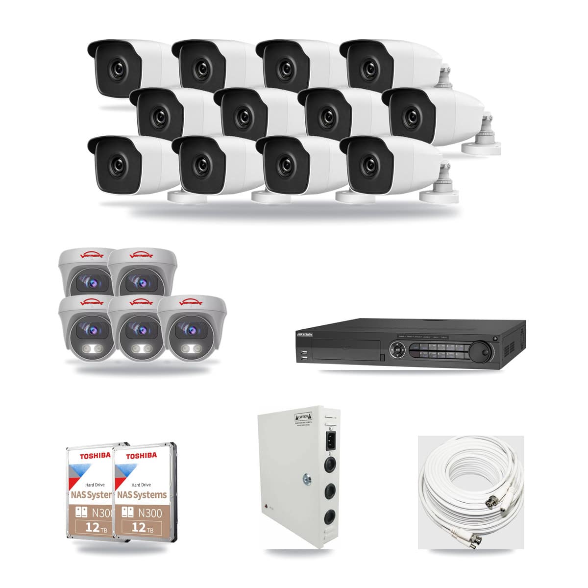 32-Channel 3MP – 5MP CCTV Kit — 12 3MP Bullet + 5 5MP Cameras + 2× 12TB Recording - Image 1