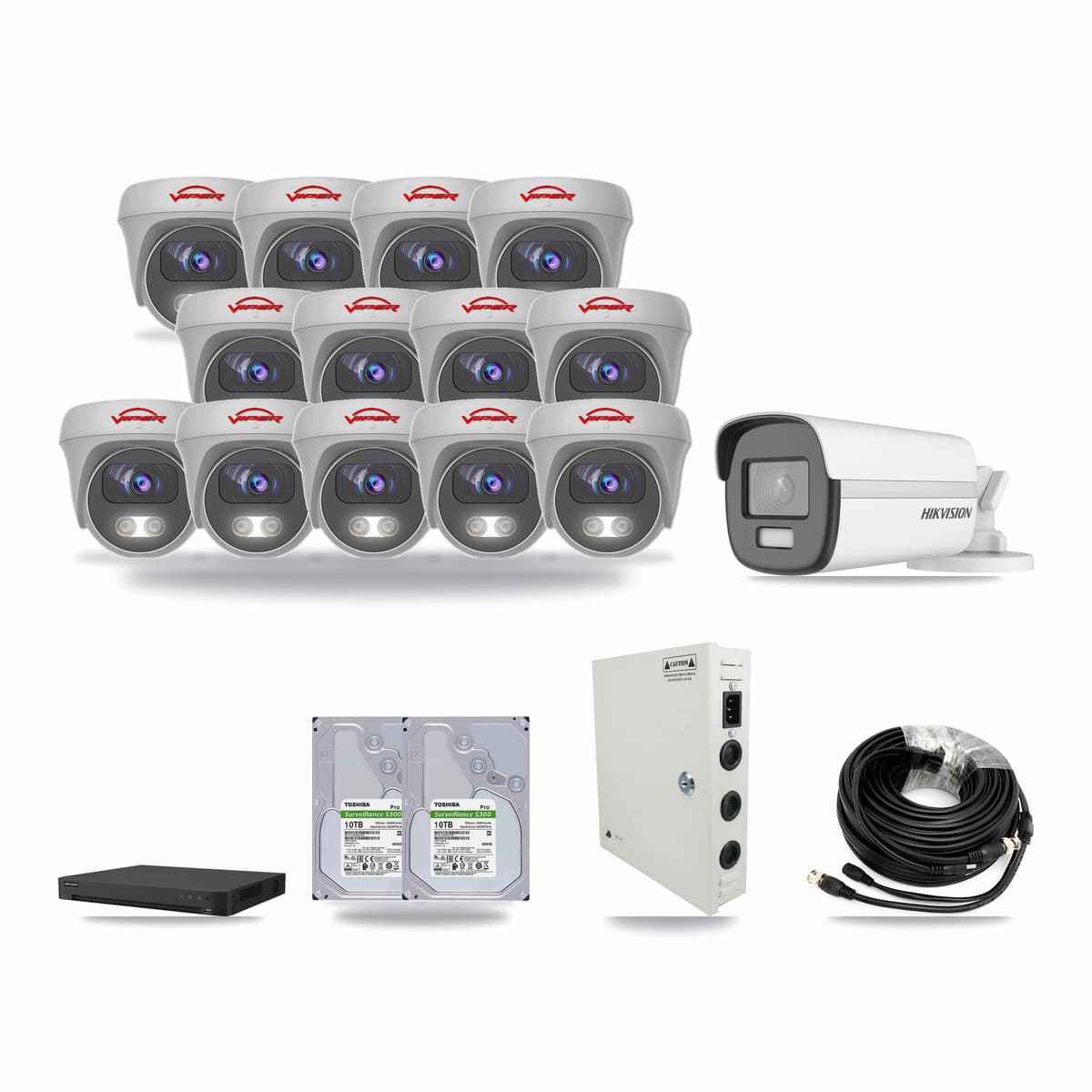 Hikvision & Viper 16-Channel 5MP – 4K CCTV Kit — 1 4K Bullet + 13 5MP Cameras + 2× 10TB Recording - Image 1