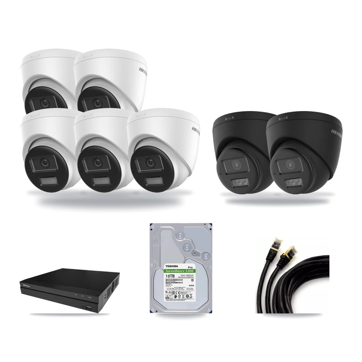Prolux 8-channel CCTV kit: 7 cameras (5× 4K Turret DS-2CD1383G2-LIUF/SL + 2× 4K Turret DS-2CD1383G2-LIUF/SL-BLACK), 10TB hard drive