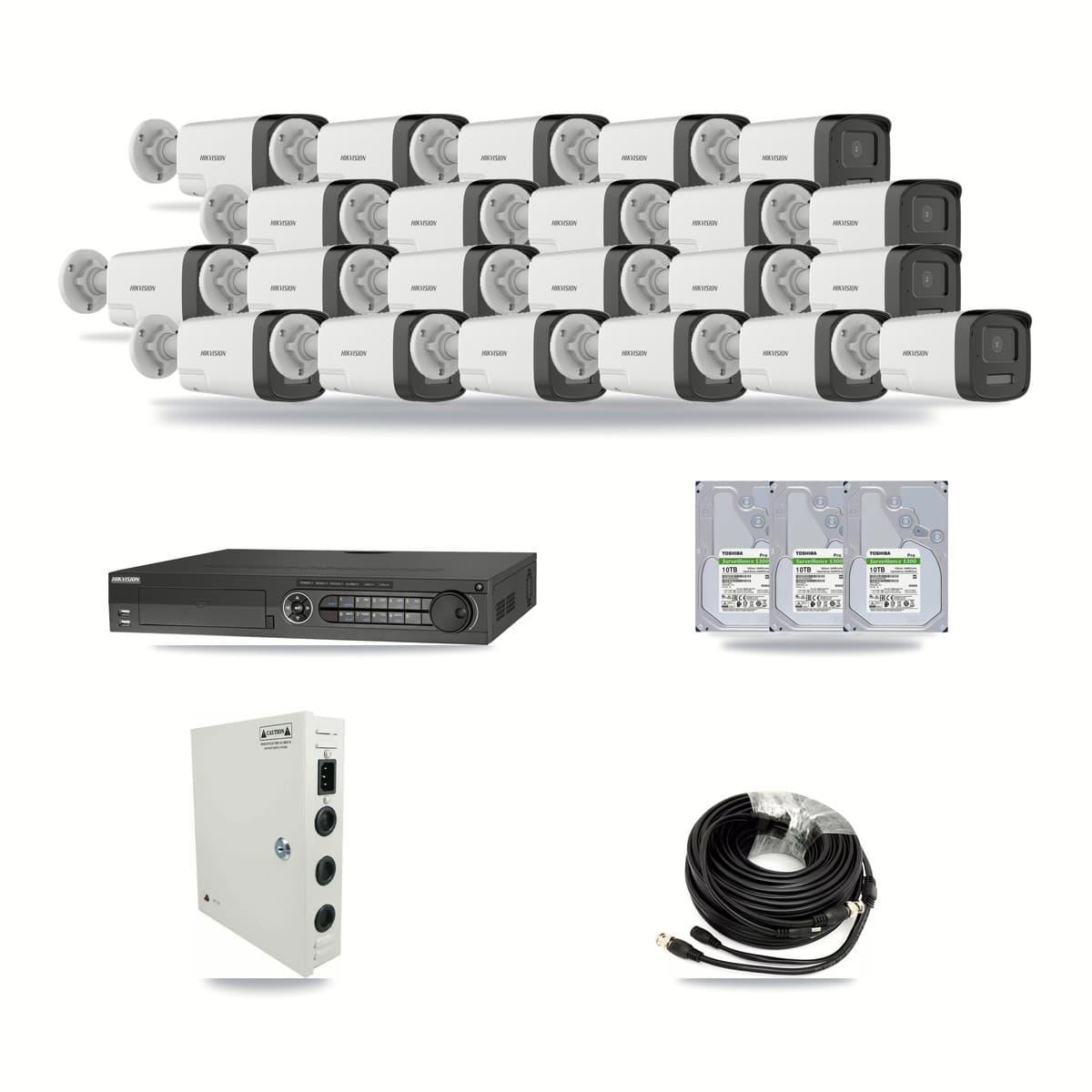 Hikvision 32-channel CCTV kit: 22 cameras (22× 5MP Bullet), 3× 10TB hard drive