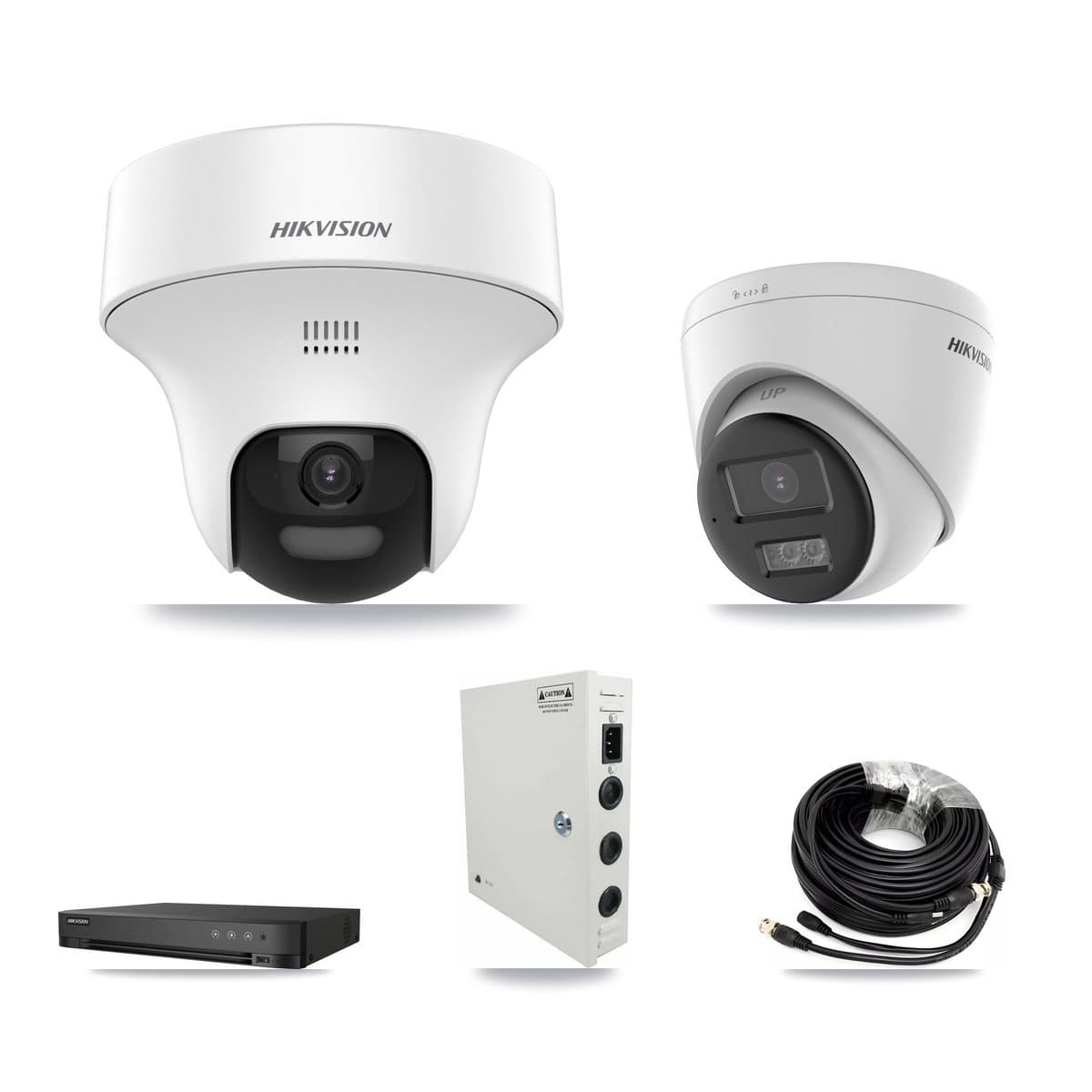 Hikvision 4-channel CCTV kit: 2 cameras (1× 5MP Turret DS-2CE70K0T + 1× 5MP Turret DS-2CE78K0T), 3TB hard drive