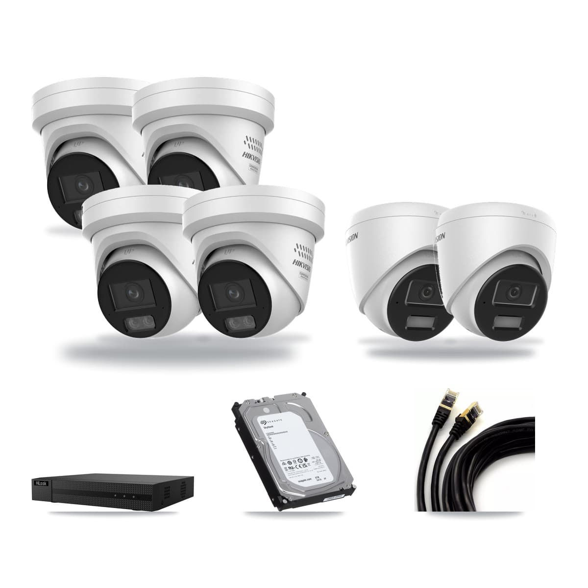 HiLook 8-channel CCTV kit: 6 cameras (4× 4MP Turret DS-2CD2347G3 + 2× 4MP Turret DS-2CD1343G2), 6TB hard drive