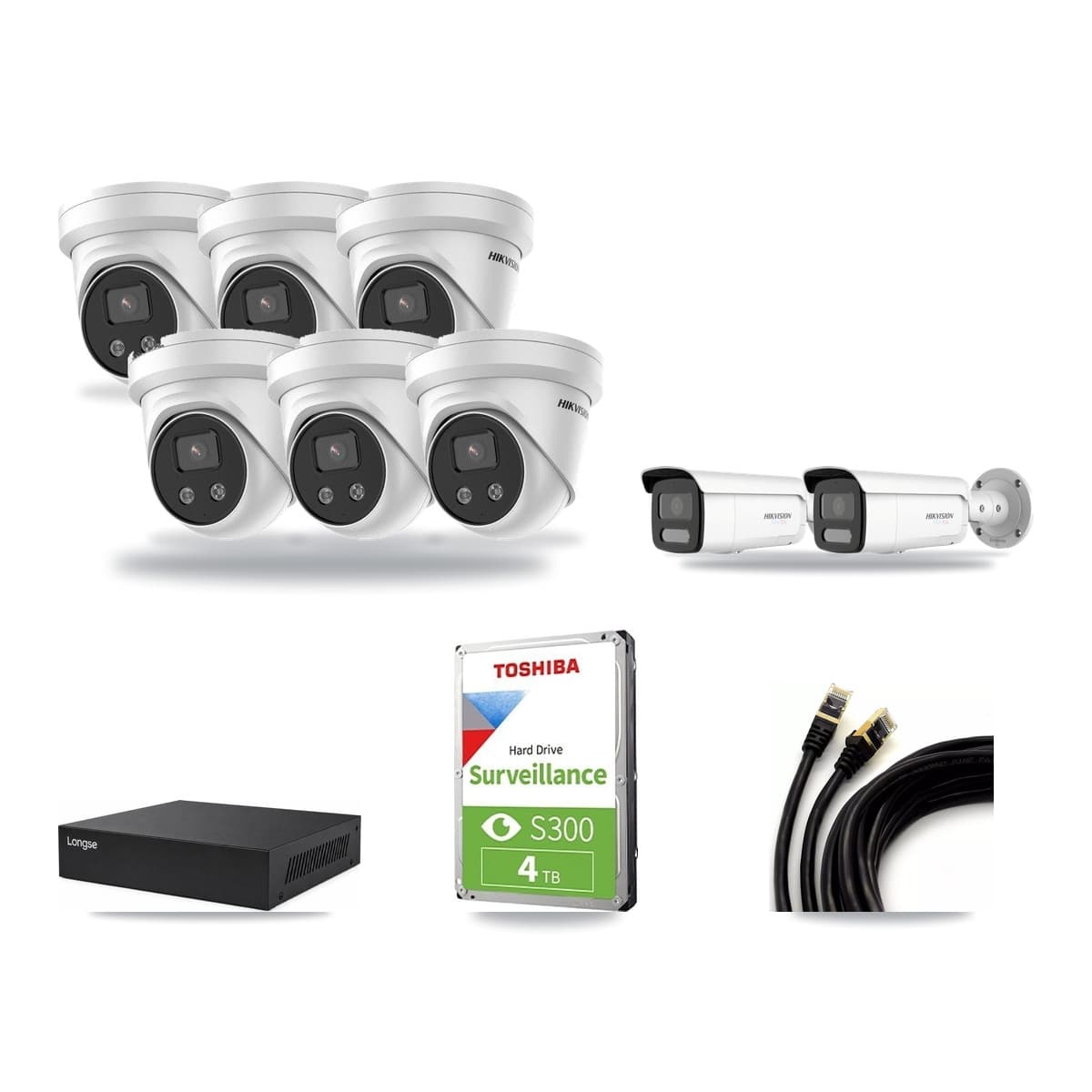 Longse 8-channel CCTV kit: 8 cameras (6× 5MP Turret + 2× 4K Bullet), 4TB hard drive