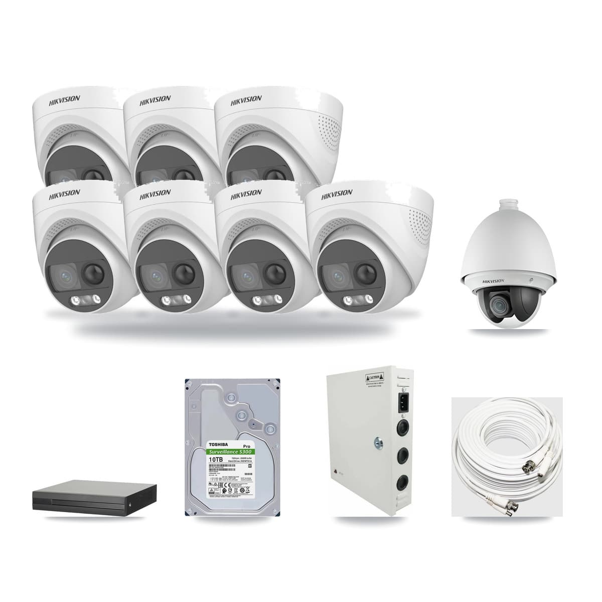 8-channel CCTV kit: 8 cameras (7× 5MP Turret + 1× 2MP PTZ), 10TB hard drive