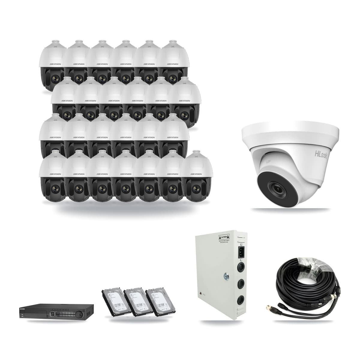 Hikvision 32-channel CCTV kit: 26 cameras (25× 2MP PTZ + 1× 4MP Turret), 3× 6TB hard drive