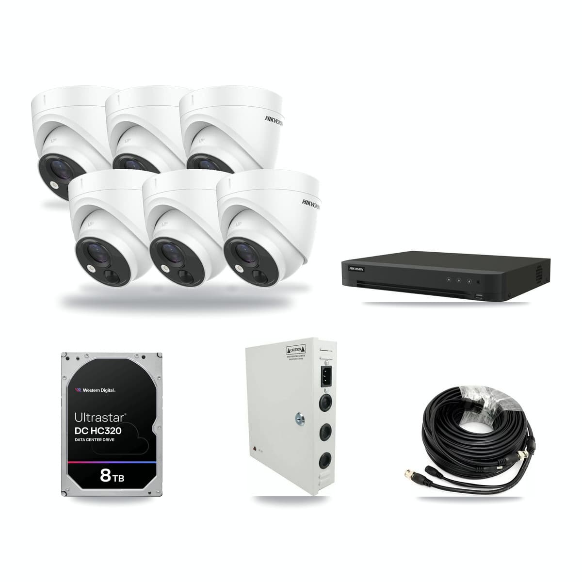 Hikvision 8-Channel 5MP CCTV Kit — 6 DS-2CE71H0T-PIRLO Turret Cameras + 8TB Recording (IDS-7208HUHI-M1/XT Recorder) - Image 1