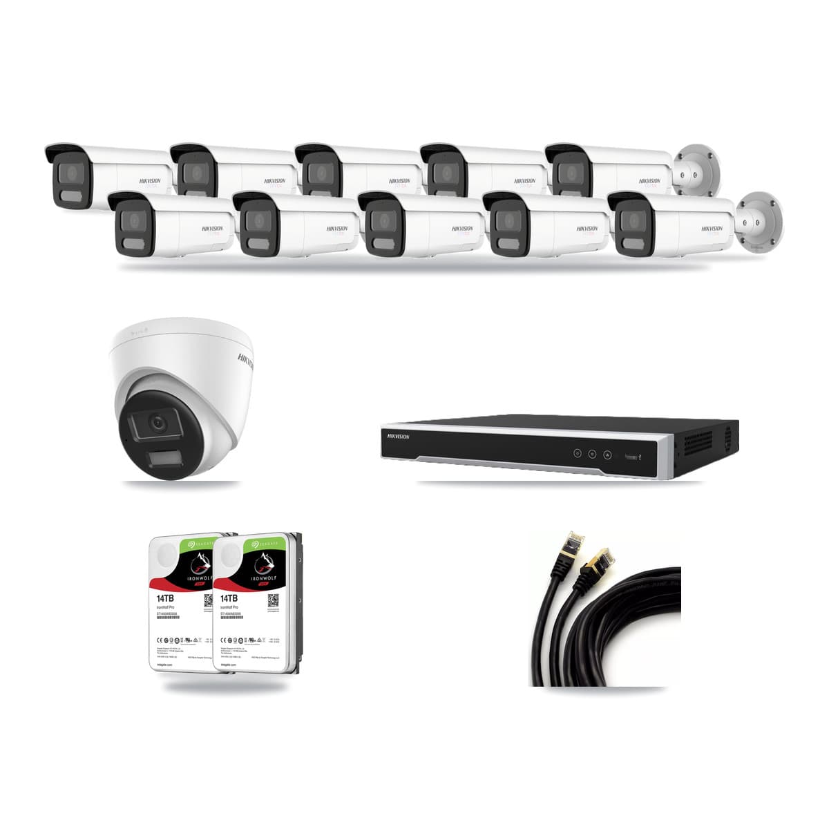 Hikvision 16-channel CCTV kit: 11 cameras (10× 4K Bullet + 1× 4K Turret), 2× 14TB hard drive