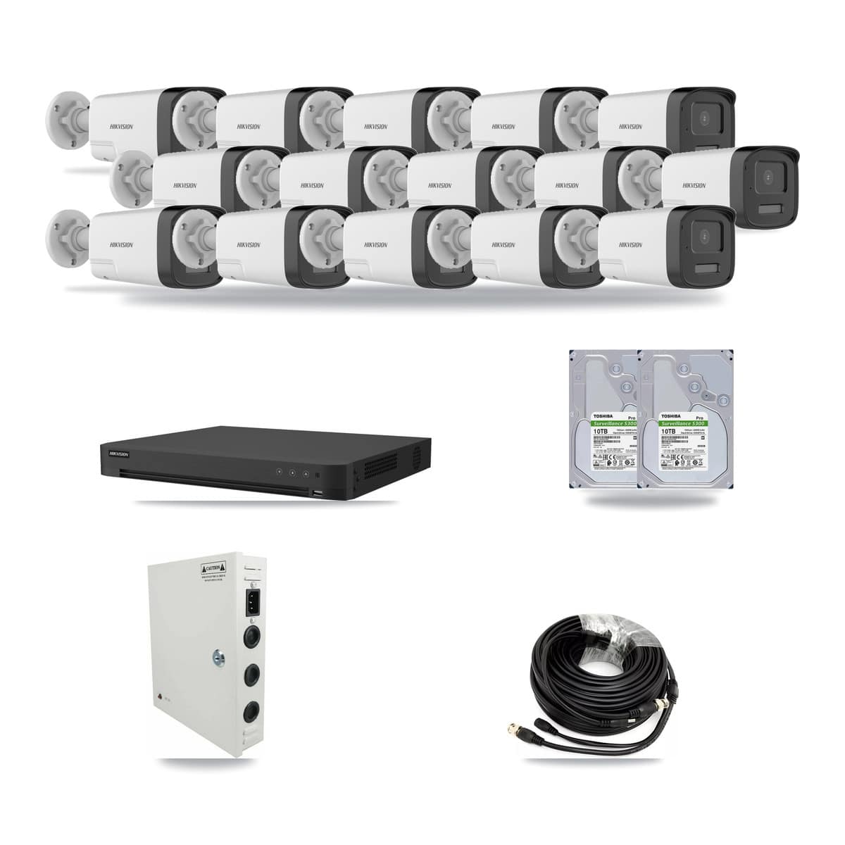 Hikvision 16-channel CCTV kit: 15 cameras (15× 5MP Bullet), 2× 10TB hard drive