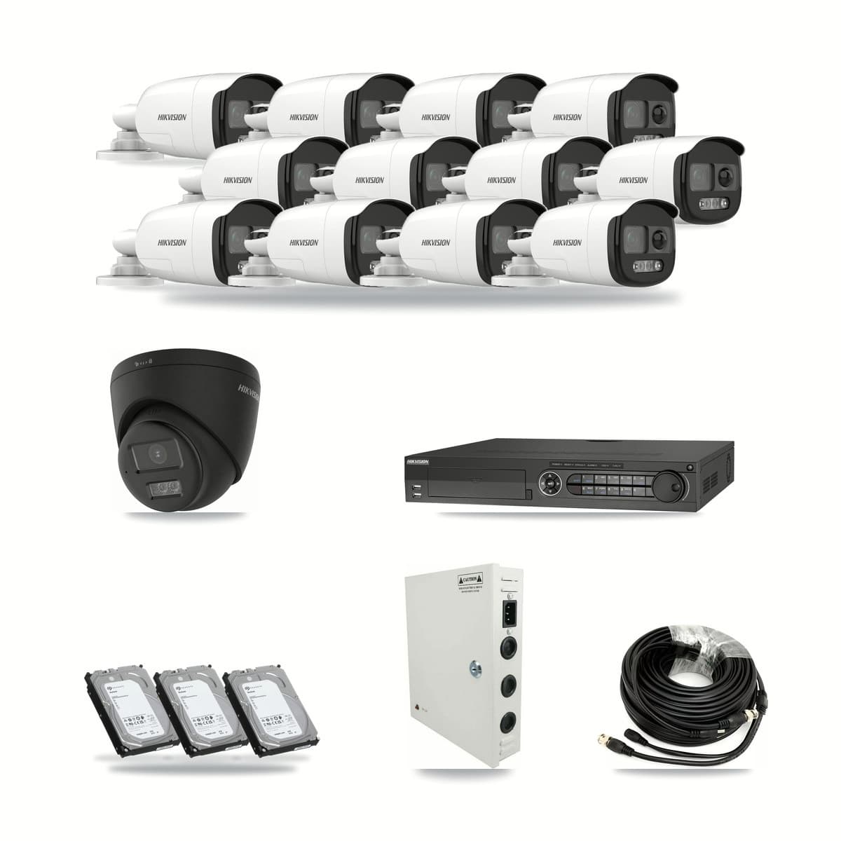 Hikvision 32-channel CCTV kit: 13 cameras (12× 5MP Bullet + 1× 4K Turret), 3× 6TB hard drive