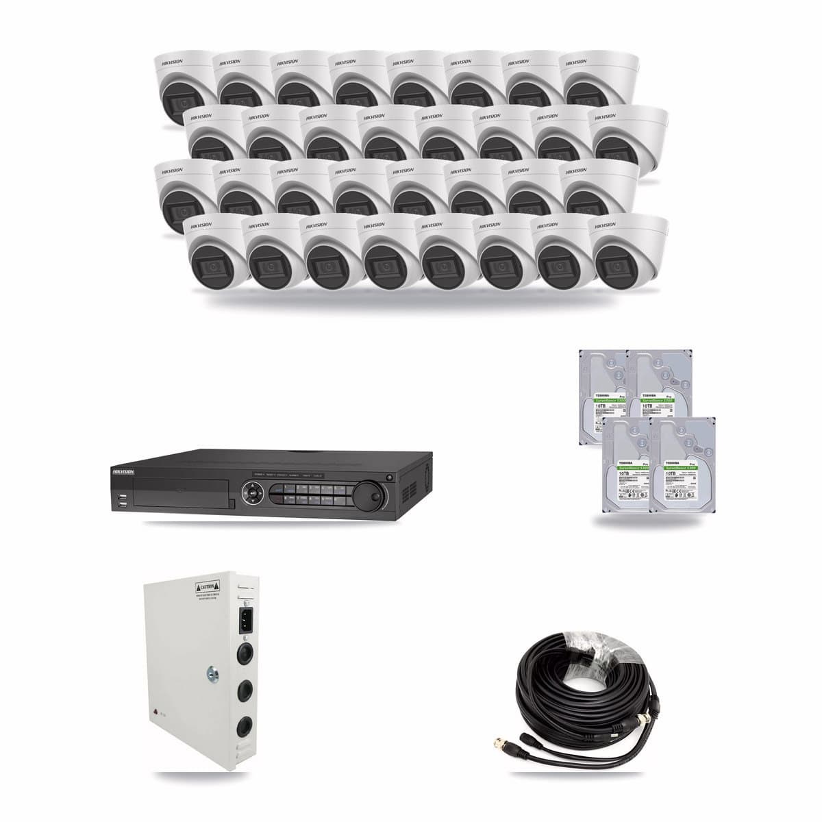 Hikvision 32-channel CCTV kit: 32 cameras (32× 5MP Turret), 4× 10TB hard drive