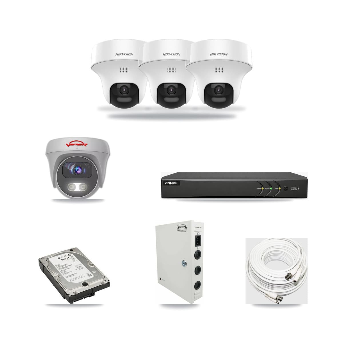 4-Channel 5MP CCTV Kit — 3 DS-2CE70K0T Turret + 1 White VIPER-5MP-3K Cameras + 5TB Recording (AN-DV4-8MP Recorder) - Image 1