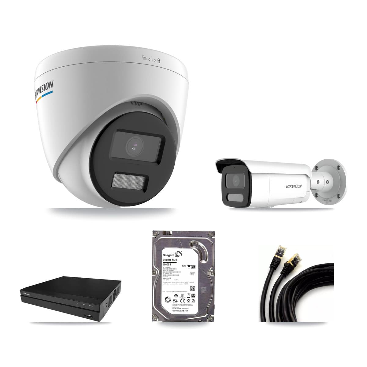Prolux 8-channel CCTV kit: 2 cameras (1× 2MP Turret + 1× 4MP Bullet), 2TB hard drive