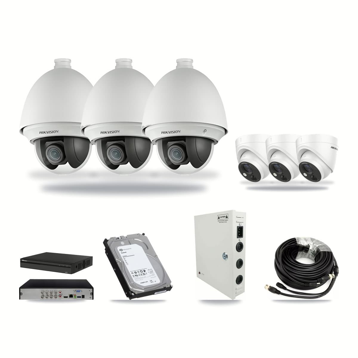 Hikvision & Prolux 8-Channel 2MP – 5MP CCTV Kit — 3 2MP PTZ + 3 5MP Turret Cameras + 6TB Recording - Image 1