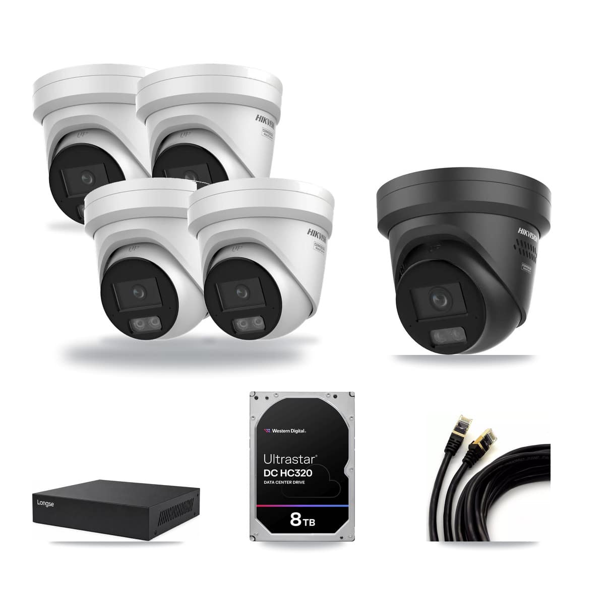 Longse 8-channel CCTV kit: 5 cameras (4× 4K Turret + 1× 4K Black Turret), 8TB hard drive