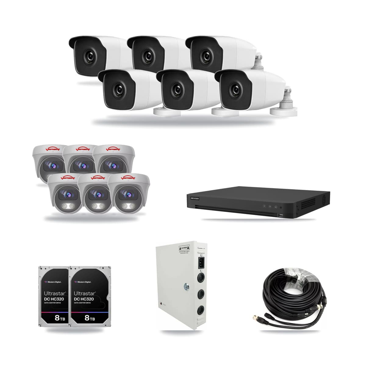 32-Channel 3MP – 5MP CCTV Kit — 6 3MP Bullet + 6 White 5MP Cameras + 2× 8TB Recording (IDS-7232HQHI Recorder) - Image 1