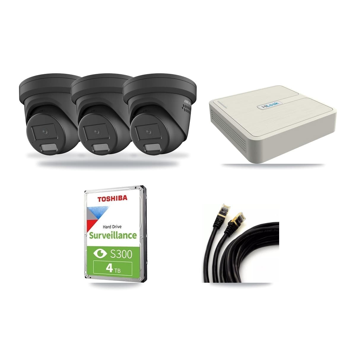 Hikvision & HiLook 8-Channel 4MP CCTV Kit — 3 Black Turret Cameras + 4TB Recording (NVR-108H-D Recorder) - Image 1