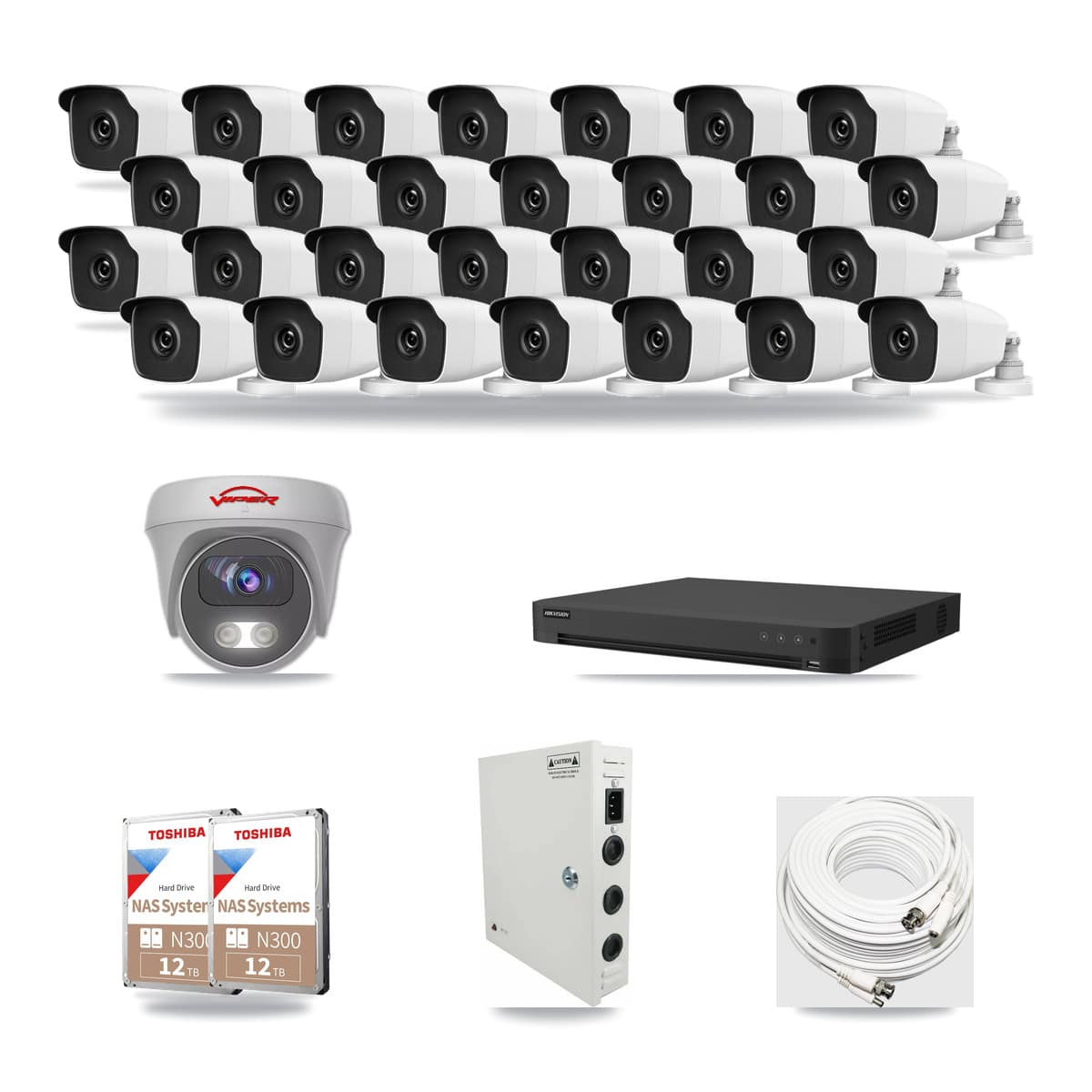 32-Channel 3MP – 5MP CCTV Kit — 28 3MP Bullet + 1 5MP Cameras + 2× 12TB Recording - Image 1