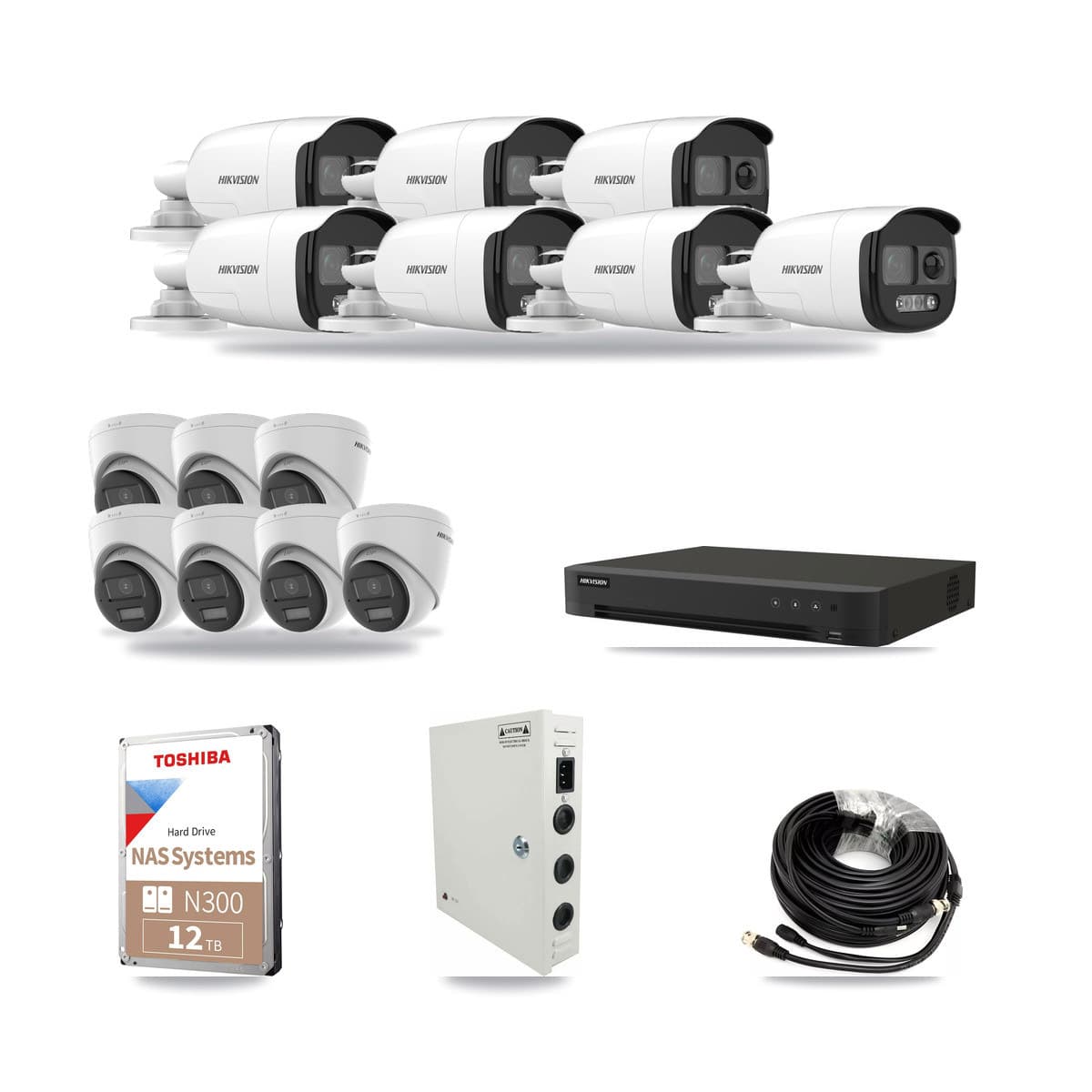 Hikvision 16-channel CCTV kit: 14 cameras (7× 5MP Bullet + 7× 5MP Turret), 12TB hard drive