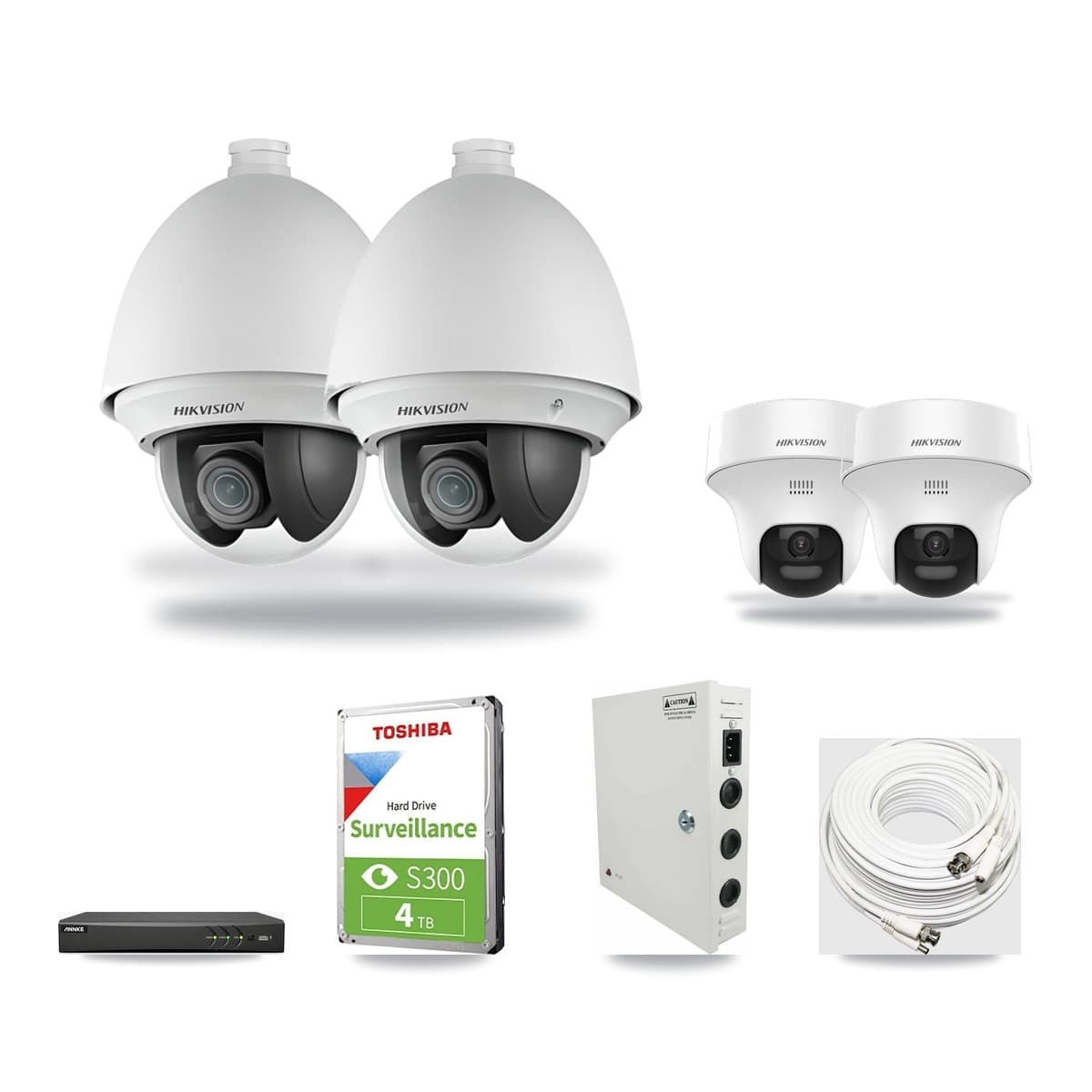 Hikvision & ANNKE 4-Channel 2MP – 5MP CCTV Kit — 2 DS-2AE4225T 2MP PTZ + 2 DS-2CE70K0T 5MP Turret Cameras + 4TB Recording - Image 1