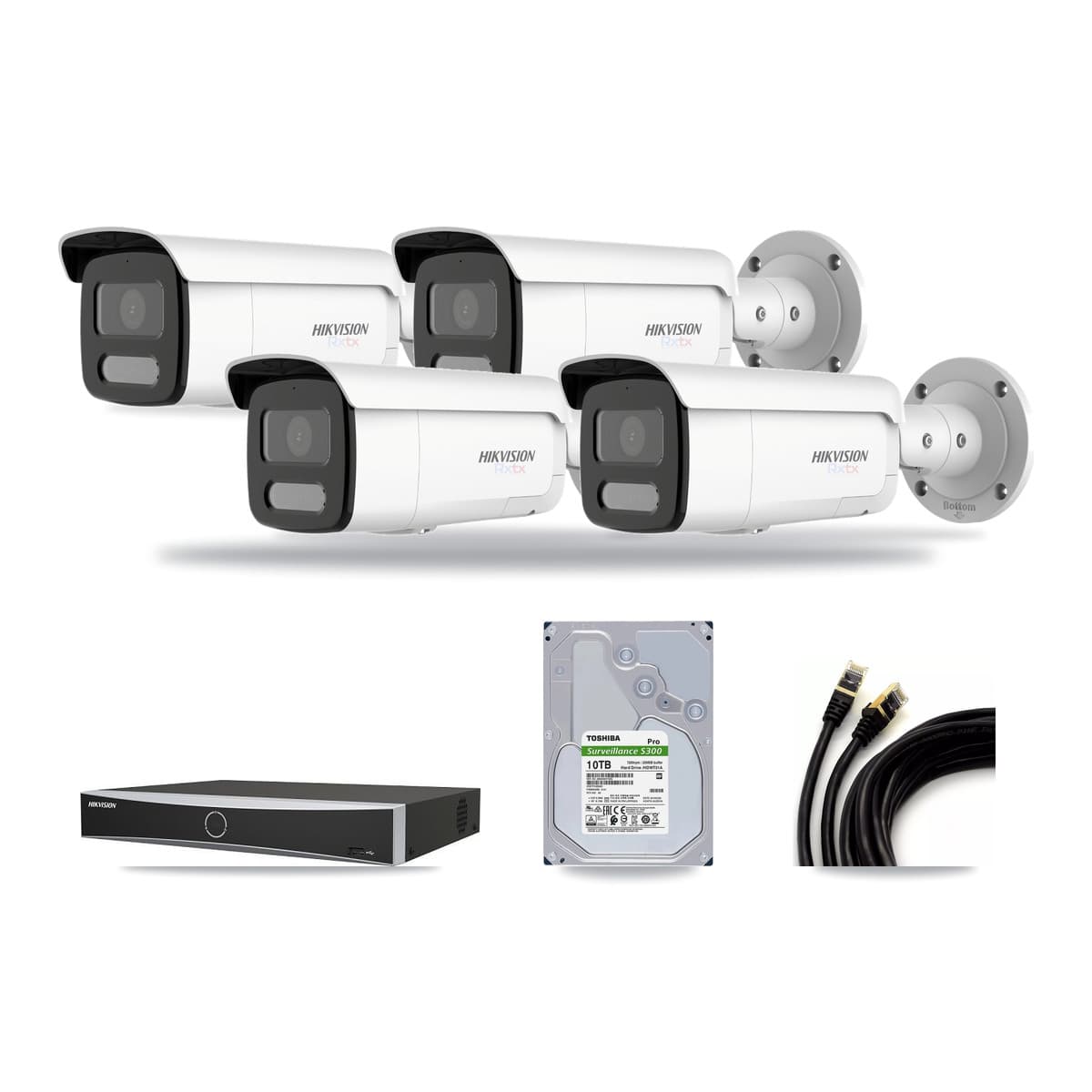 Hikvision 4-channel CCTV kit: 4 cameras (4× 4K Bullet), 10TB hard drive
