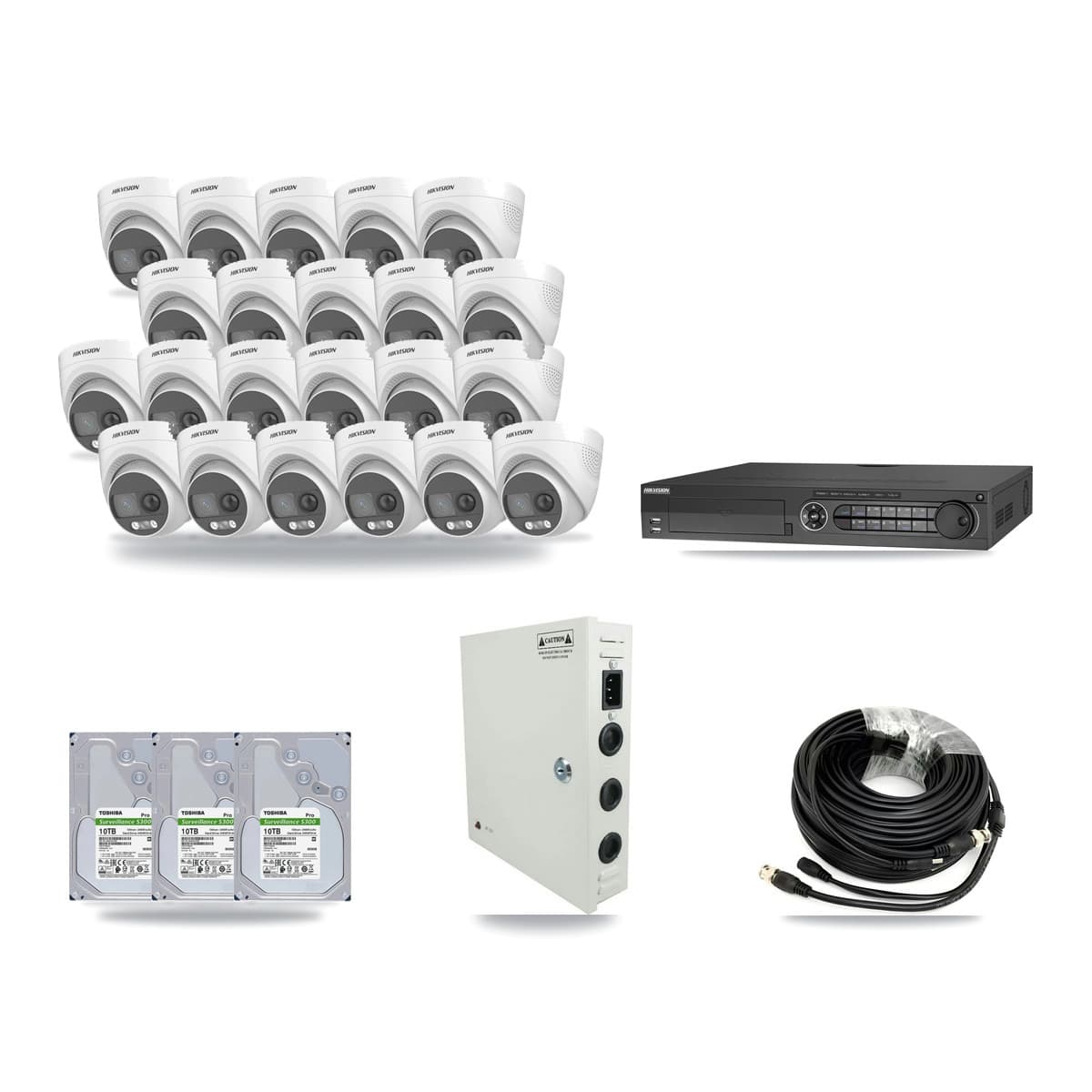 Hikvision 32-channel CCTV kit: 22 cameras (22× 5MP Turret), 3× 10TB hard drive