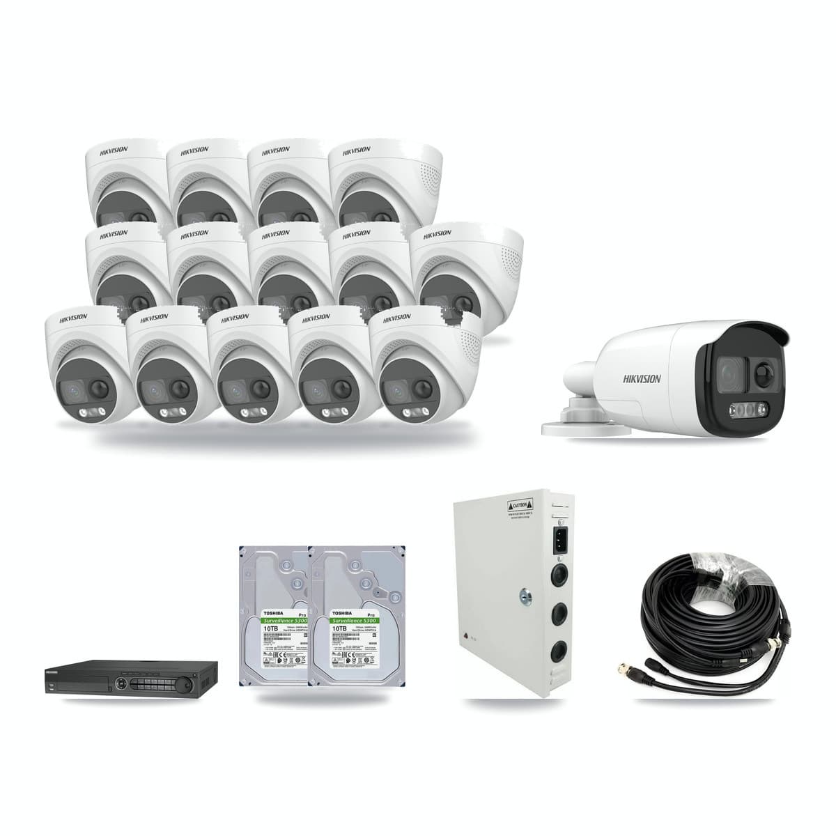 Hikvision 32-channel CCTV kit: 15 cameras (14× 5MP Turret + 1× 5MP Bullet), 2× 10TB hard drive