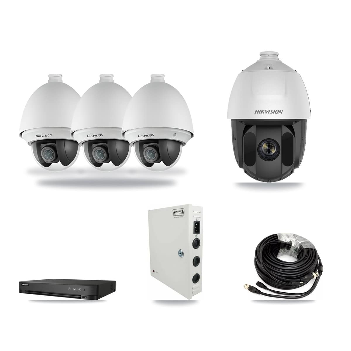 Hikvision 4-channel CCTV kit: 4 cameras (3× 2MP PTZ DS-2AE4225T + 1× 2MP PTZ DS-2AE5225TI), 3TB hard drive