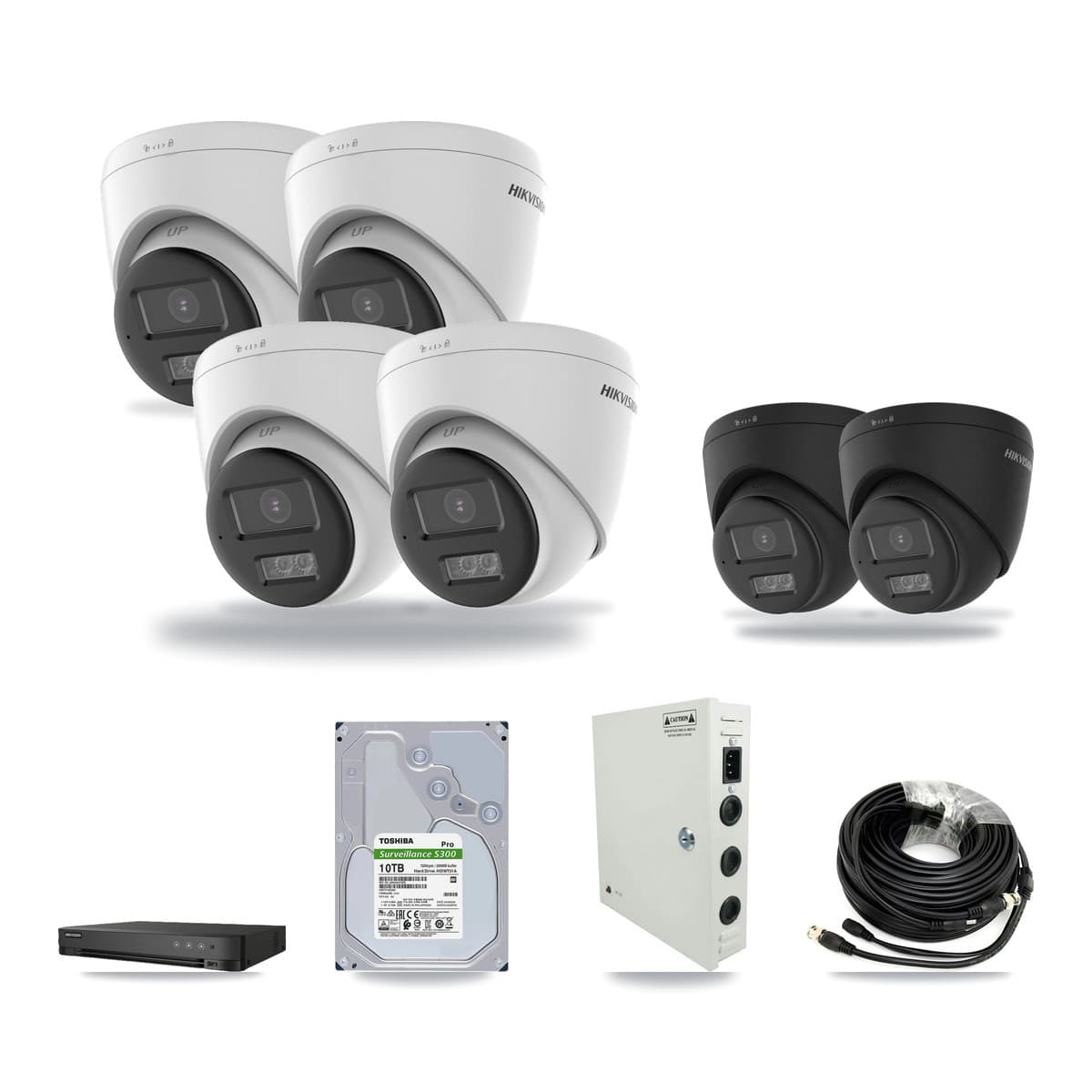 Hikvision 8-channel CCTV kit: 6 cameras (4× 5MP Turret + 2× 4K Turret), 10TB hard drive