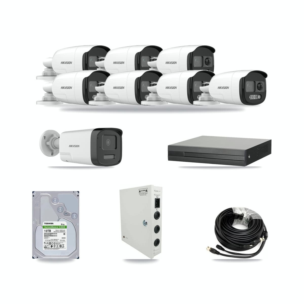 8-channel CCTV kit: 8 cameras (7× 5MP Bullet DS-2CE12KF3T + 1× 5MP Bullet DS-2CE17K0T), 10TB hard drive