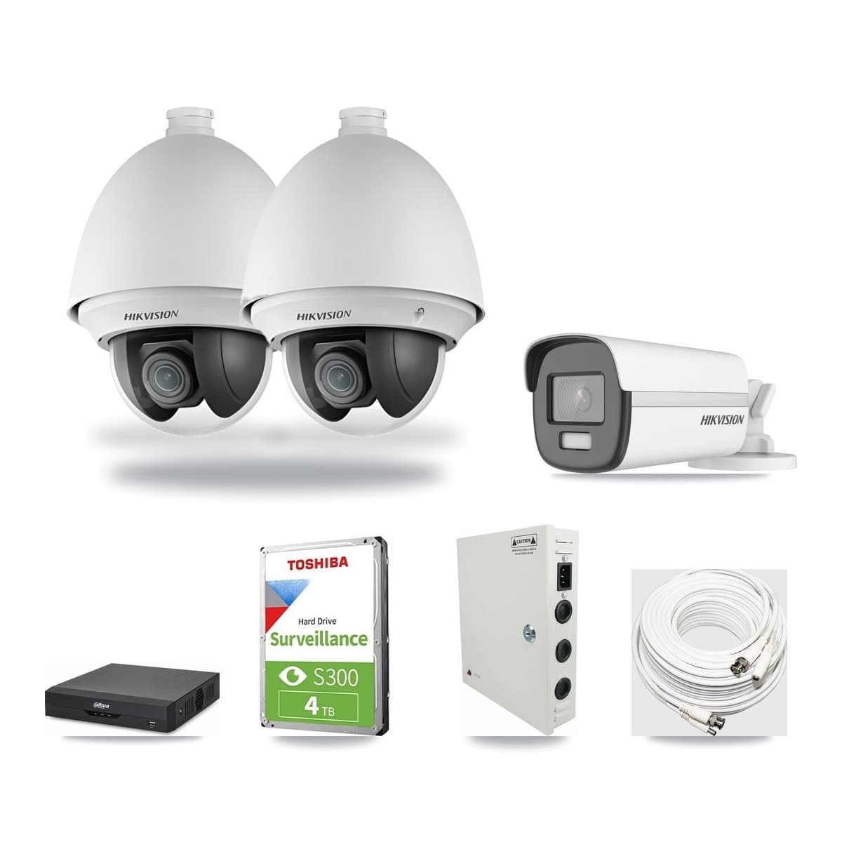 Hikvision & Dahua 4-Channel 2MP – 4K CCTV Kit — 2 DS-2AE4225T 2MP PTZ + 1 DS-2CE12UF3T 4K Bullet Cameras + 4TB Recording - Image 1