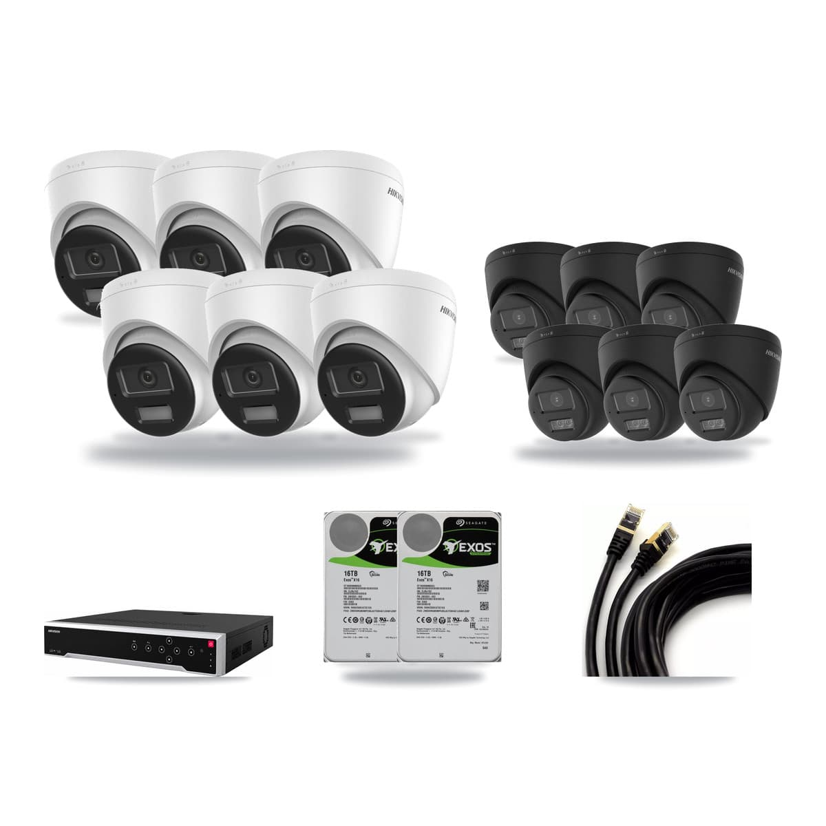 Hikvision 32-channel CCTV kit: 12 cameras (6× 4K Turret DS-2CD1383G2-LIUF/SL + 6× 4K Turret DS-2CD1383G2-LIUF/SL-BLACK), 2× 16TB hard drive