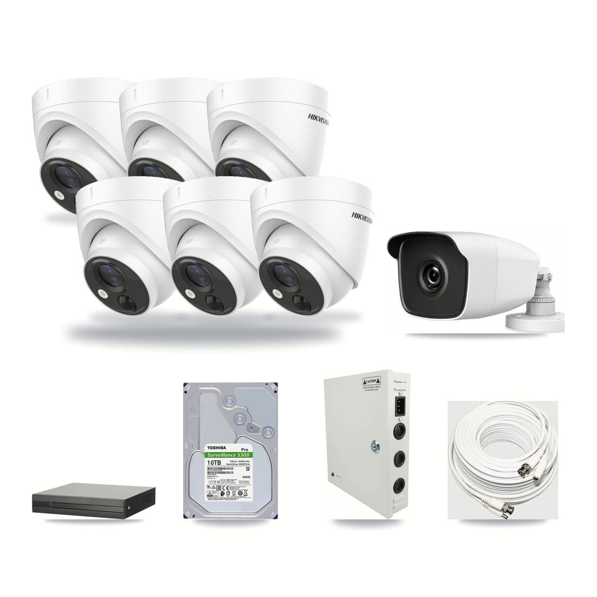 8-Channel 3MP – 5MP CCTV Kit — 6 Hikvision DS-2CE71H0T 5MP Turret + 1 HiLook THC-B230-R 3MP Bullet Cameras + 10TB Recording - Image 1