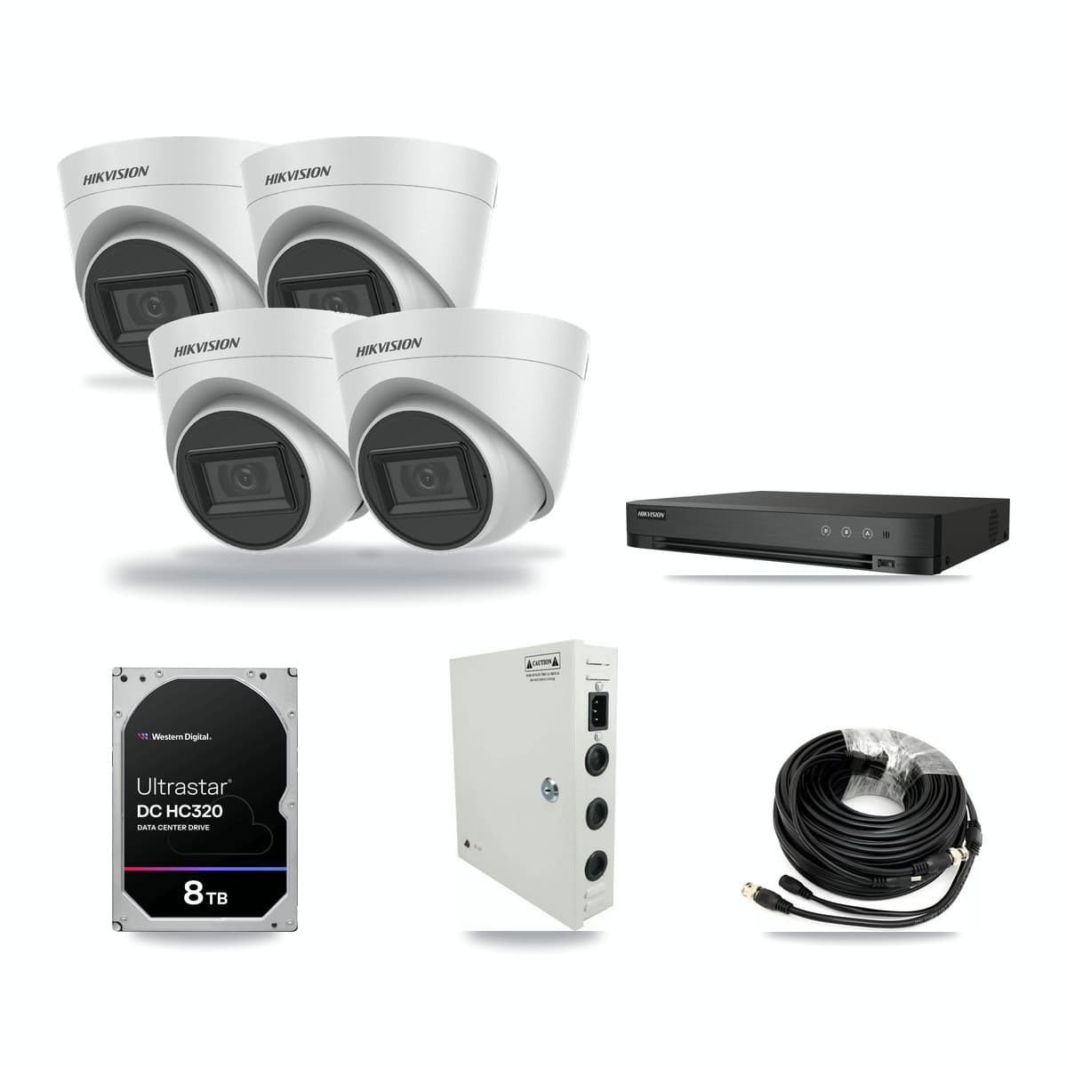 Hikvision 4-channel CCTV kit: 4 cameras (4× 5MP Turret), 8TB hard drive