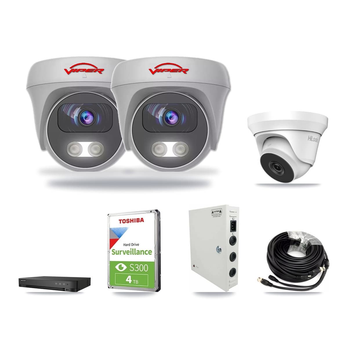 4-Channel 4MP – 5MP CCTV Kit — 1 4MP Turret + 2 White 5MP Cameras + 4TB Recording (DS-7204HUHI Recorder) - Image 1