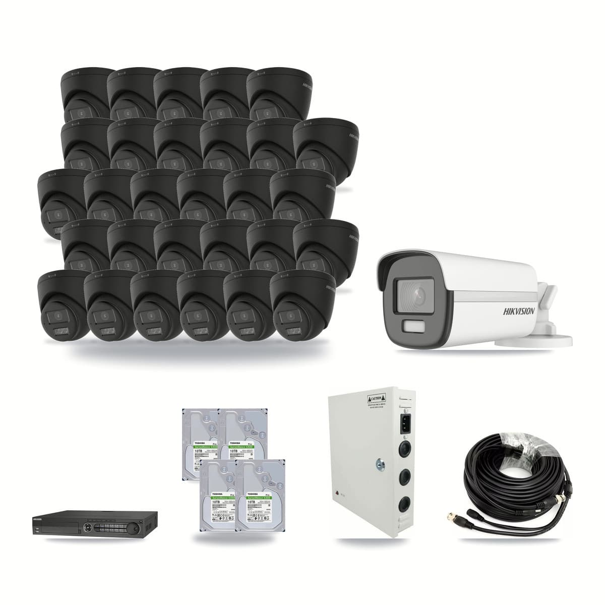 Hikvision 32-channel CCTV kit: 30 cameras (29× 4K Turret + 1× 4K Bullet), 4× 10TB hard drive