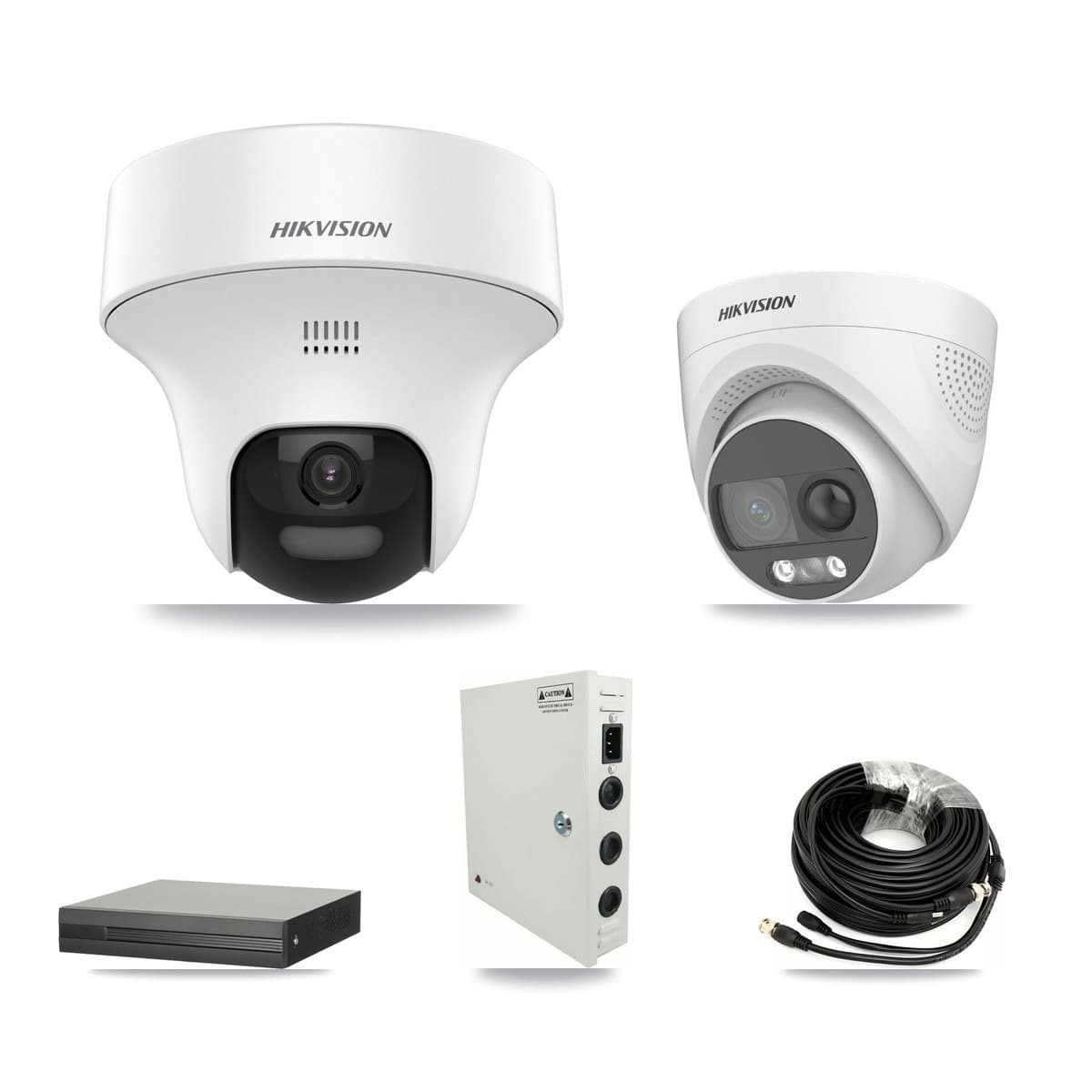 4-channel CCTV kit: 2 cameras (1× 5MP Turret DS-2CE70K0T + 1× 5MP Turret DS-2CE72KF3T), 3TB hard drive