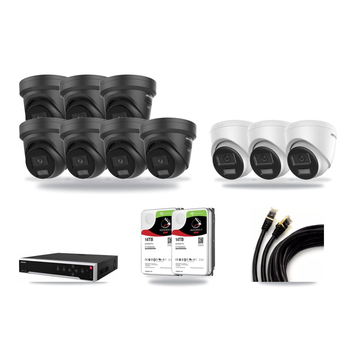 Hikvision 32-channel CCTV kit: 10 cameras (7× 4K Black Turret + 3× 4K Turret), 2× 14TB hard drive
