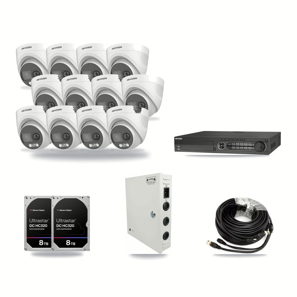 Hikvision 32-channel CCTV kit: 12 cameras (12× 5MP Turret), 2× 8TB hard drive