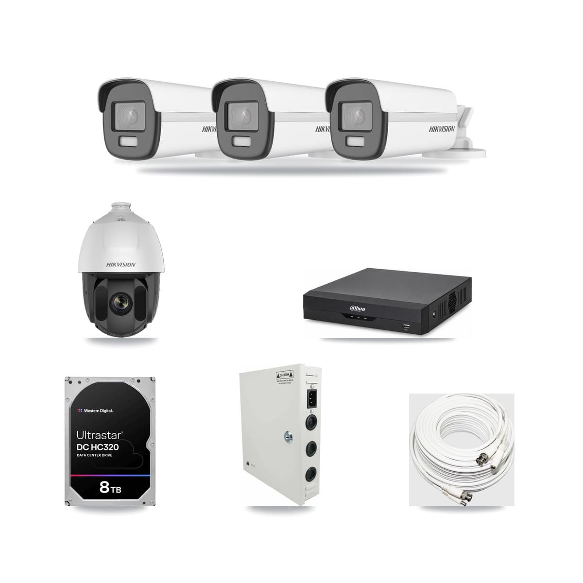 Hikvision & Dahua 4-Channel 2MP – 4K CCTV Kit — 1 2MP PTZ + 3 4K Bullet Cameras + 8TB Recording - Image 1