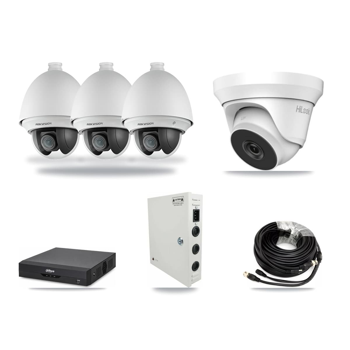 4-Channel 2MP – 4MP CCTV Kit — 3 2MP PTZ + 1 4MP Turret Cameras + 3TB Recording (DH-XVR5104HS Recorder) - Image 1