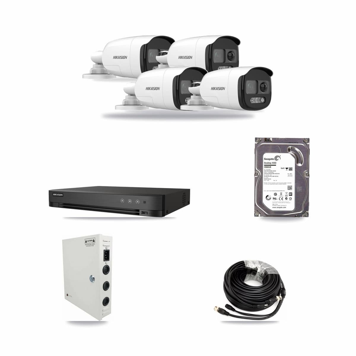 Hikvision 4-channel CCTV kit: 4 cameras (4× 5MP Bullet), 2TB hard drive