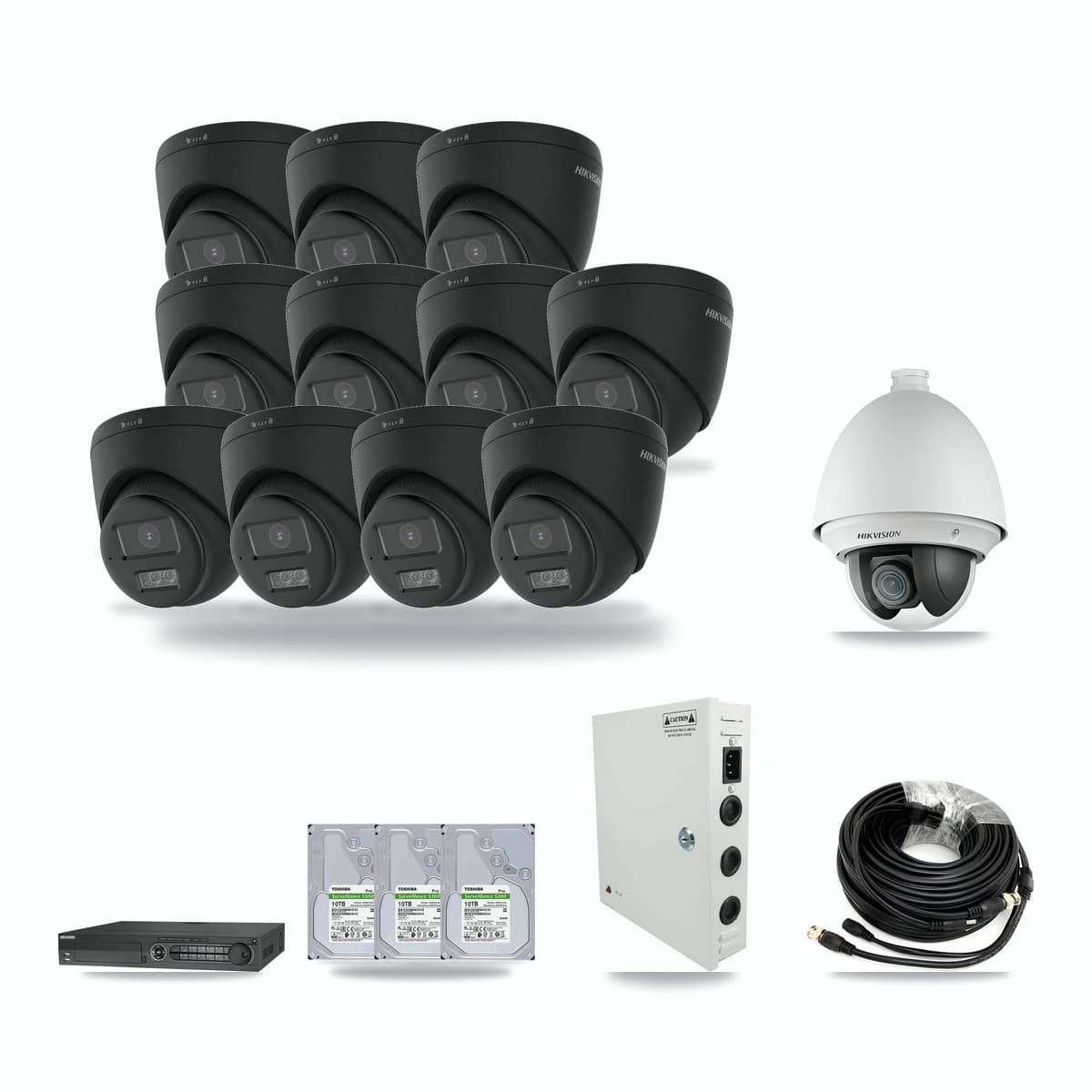 Hikvision 32-channel CCTV kit: 12 cameras (11× 4K Turret + 1× 2MP PTZ), 3× 10TB hard drive