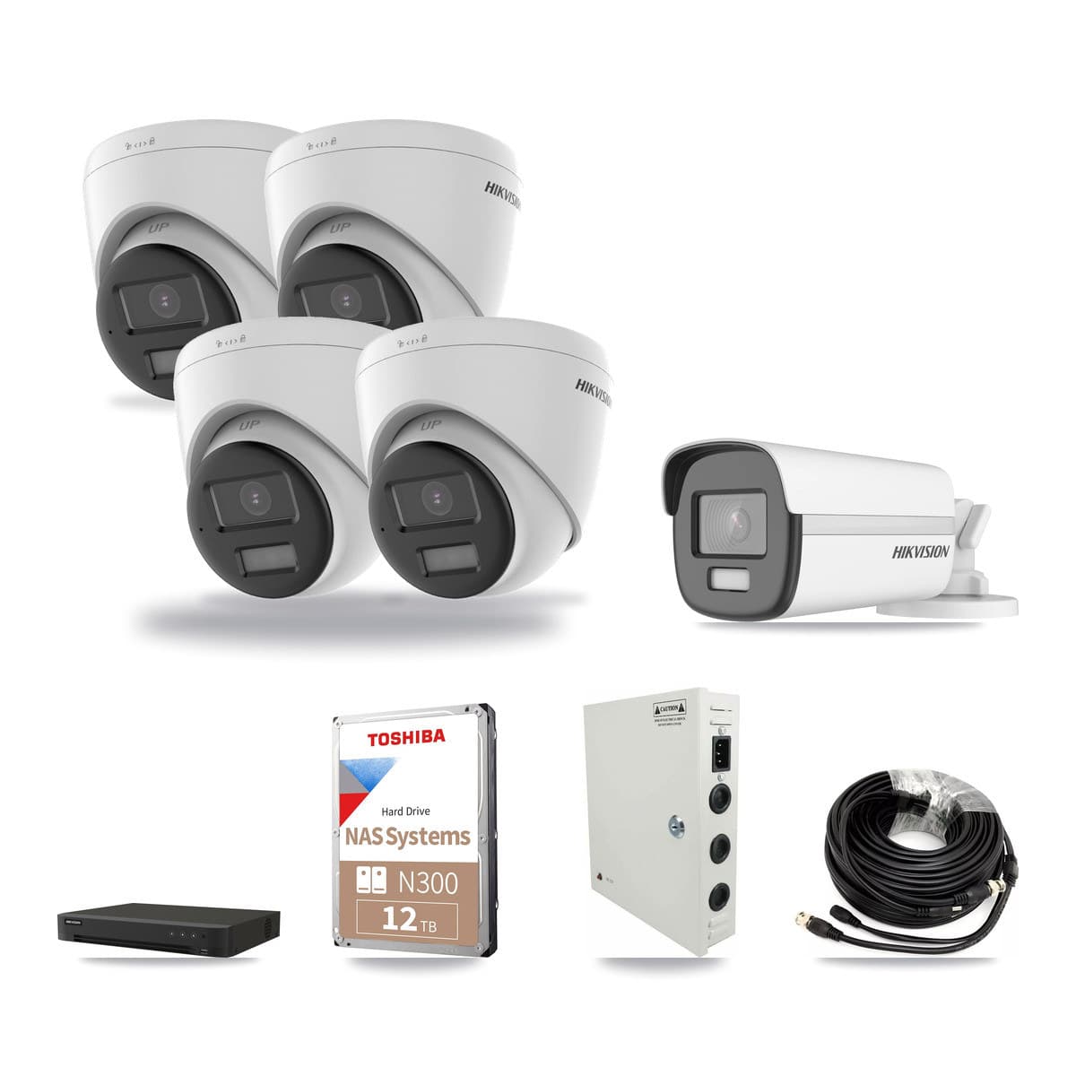 Hikvision 8-channel CCTV kit: 5 cameras (4× 4K Turret + 1× 4K Bullet), 12TB hard drive
