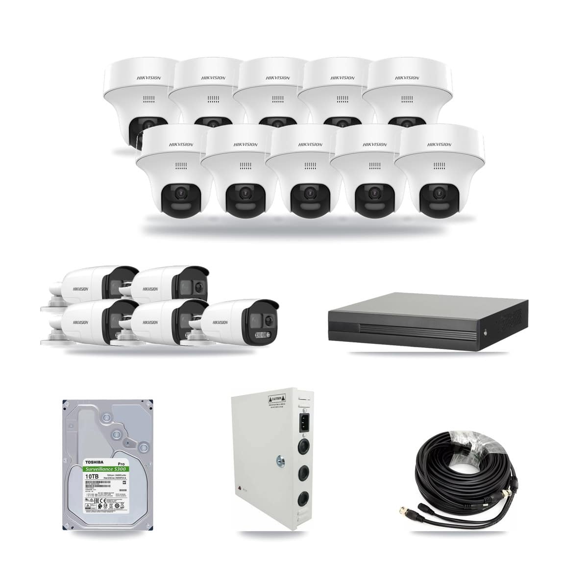 16-channel CCTV kit: 15 cameras (10× 5MP Turret + 5× 5MP Bullet), 10TB hard drive