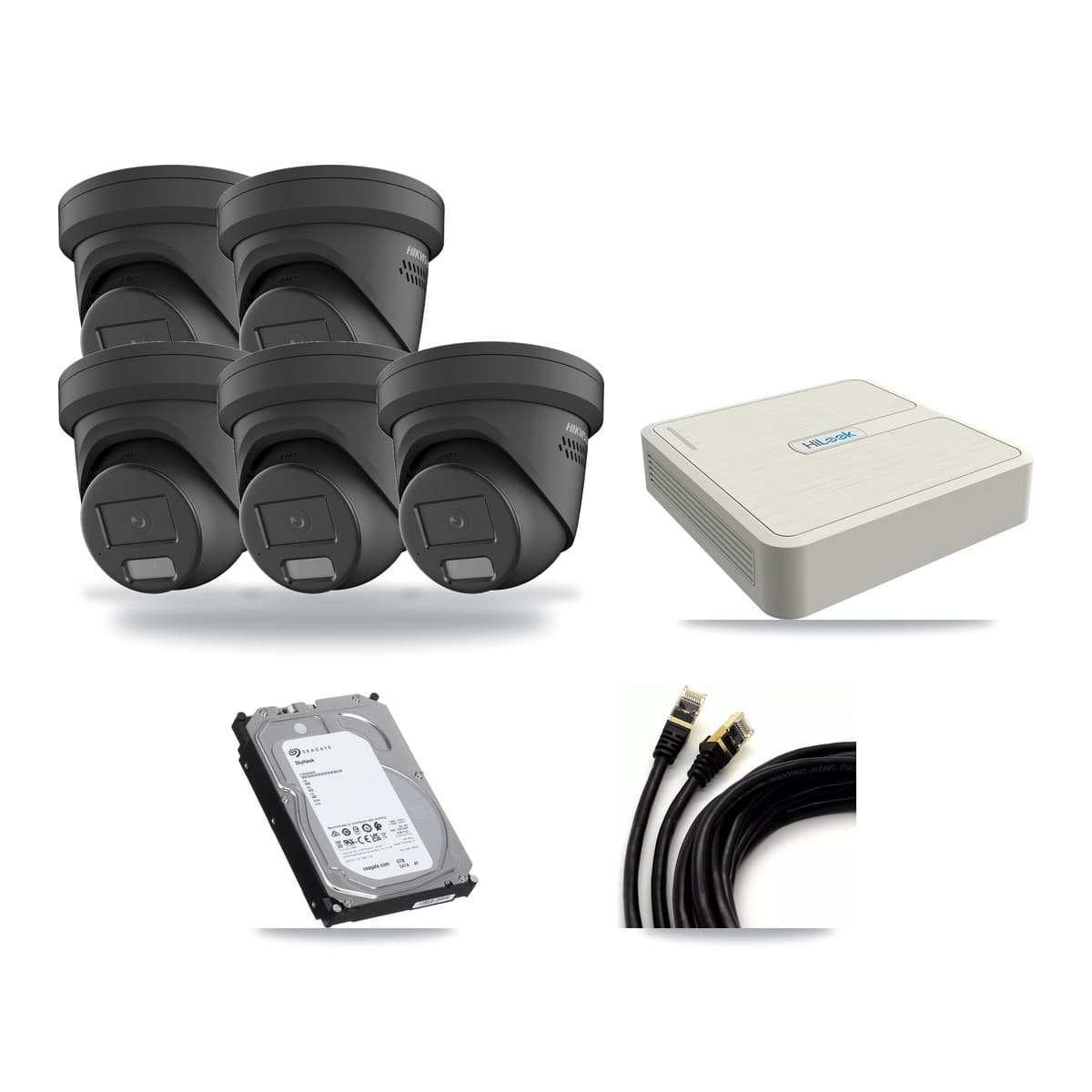 Hikvision & HiLook 8-Channel 4MP CCTV Kit — 5 Black Turret Cameras + 6TB Recording (NVR-108H-D Recorder) - Image 1